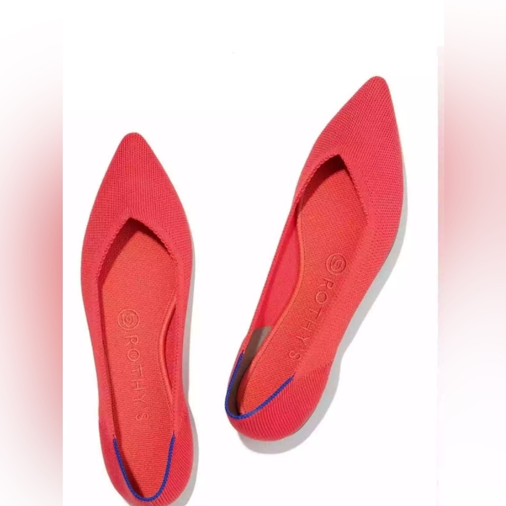 Rothy's Coral-Red Pointed Knit Flats with Blue Trim - Picture 2 of 10